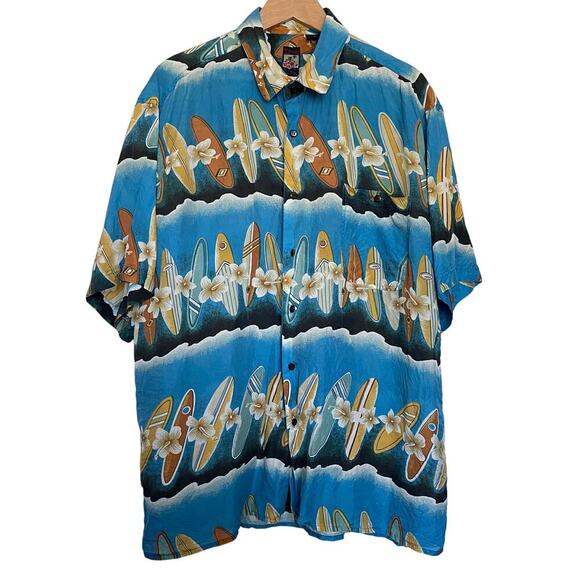 Vtg Montage Tropics Hawaiian Shirt 100%‎ Silk Surf Boards Hibiscus Size XL - Picture 2 of 5
